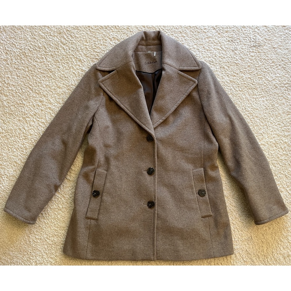 New Calvin Klein Brown Lined Wool Cashmere Blend Winter Coat Women L